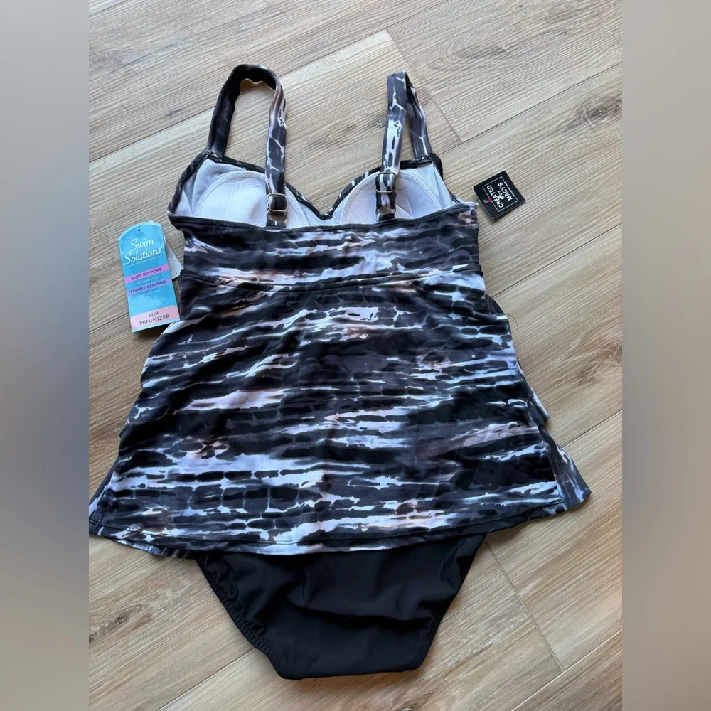 Swim Solutions Black Marble Printed Tiered Tummy Control One-Piece Suit, US Sz 8 - Picture 4 of 4